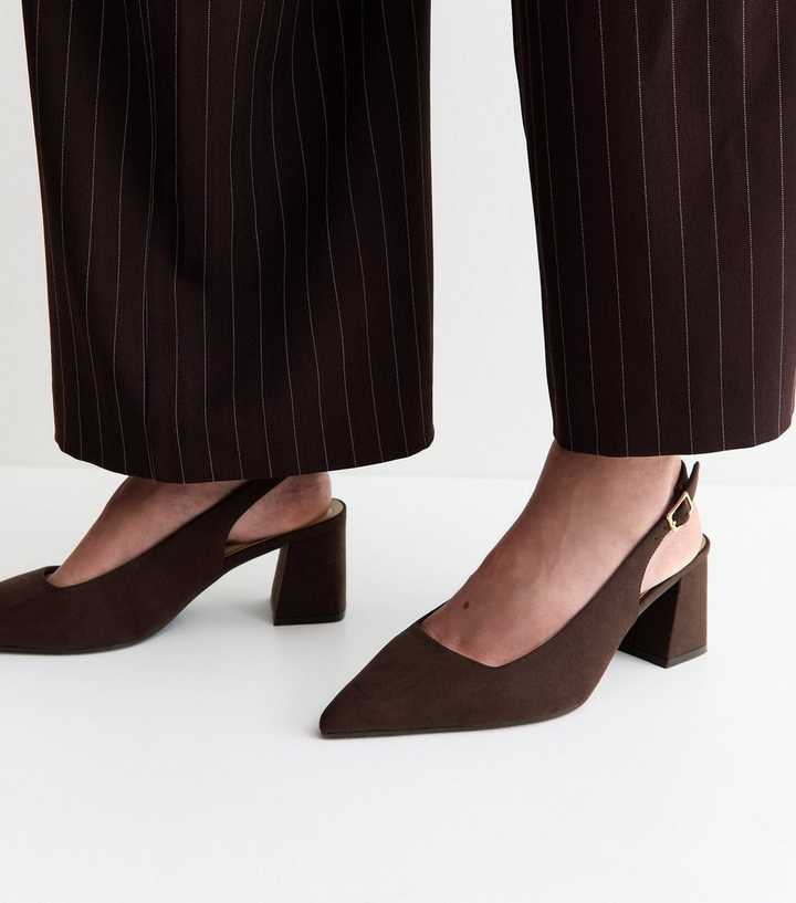 Wide Fit Dark Brown Faux Suede Block Heel Slingback Pumps