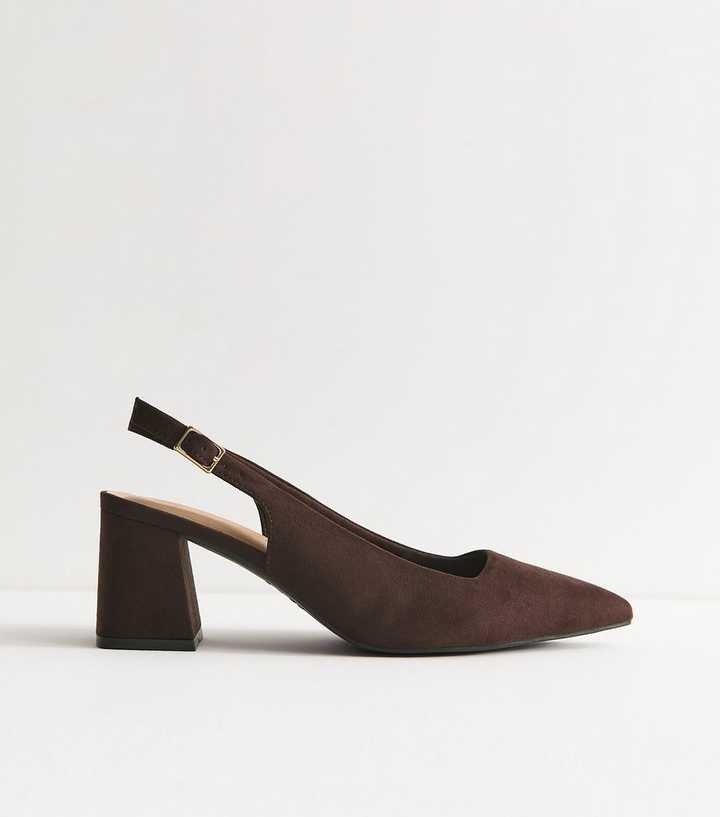 Wide Fit Dark Brown Faux Suede Block Heel Slingback Pumps