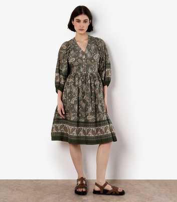 Apricot Khaki Paisley Print V-Neck Dress