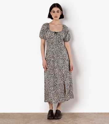 Apricot Brown Animal Print Slit Hem Midi Dress