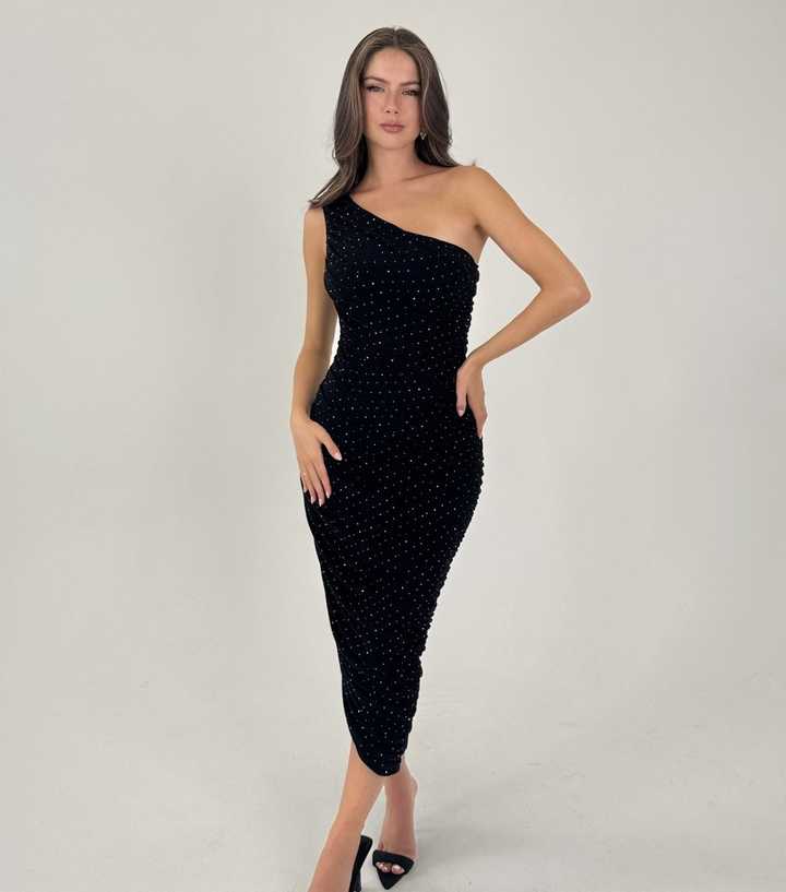 AX Paris Black Velvet One Shoulder Sparkly Midi Dress