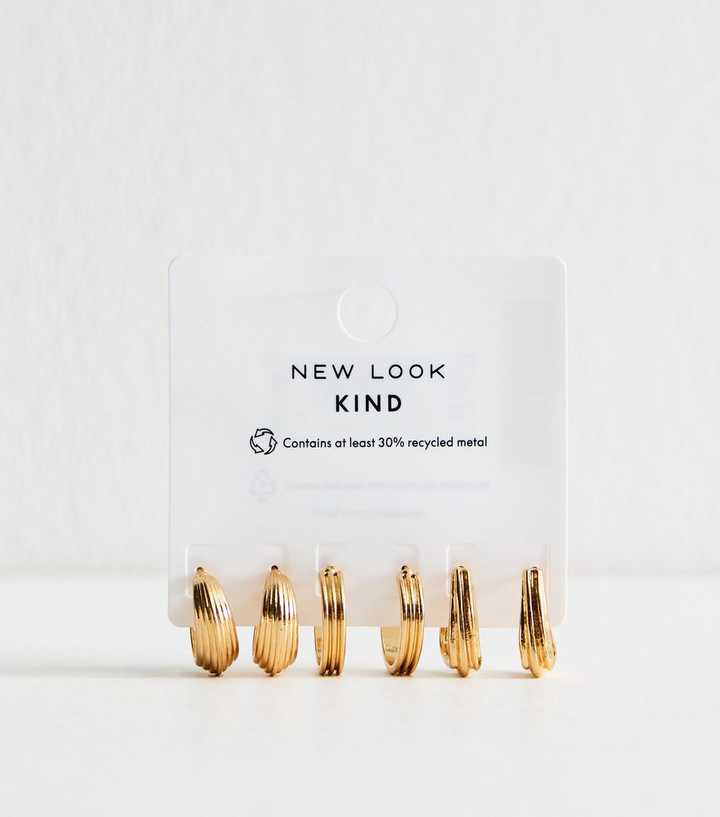 Pack Of 3 Gold Tone Chunky Ribbed Hoop Earrings