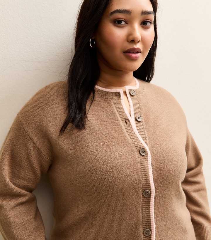 Curves Brown Contrast Tipping Cardigan