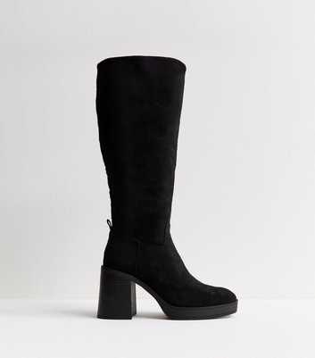 Black Faux Suede Platform Knee High Boots