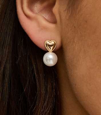 Gold Tone Heart Faux Pearl Drop Earrings 