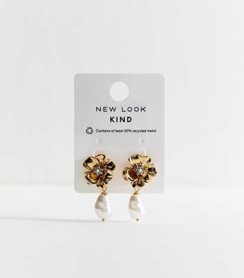 Gold Tone Faux Pearl Drop Floral Earrings 