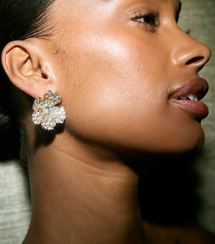 Gold Tone Diamante Embellished Floral Stud Earrings 