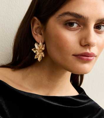 Gold Tone Textured Petal Earrings 