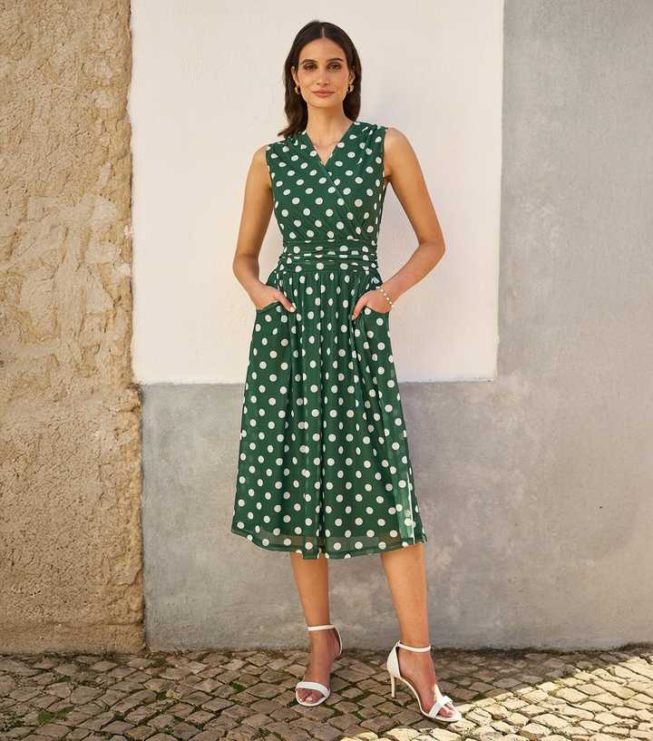 Yumi Green Polka Dot Mesh Midi Dress | New Look