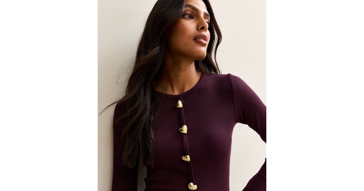 Dark Purple Heart Button Long Sleeve Top | New Look