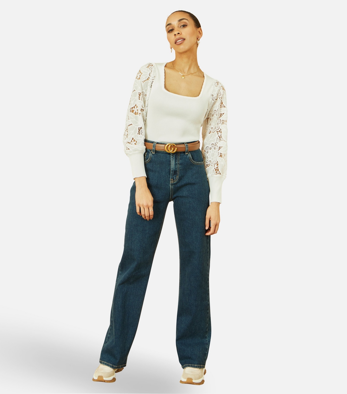 Yumi Women's White Ribbed Lace Sleeve Top New Look Large