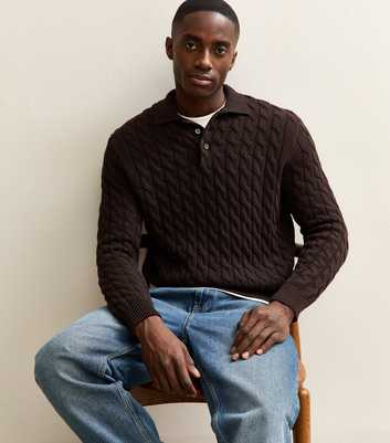 Only & Sons Dark Brown Regular Polo Cable Knit Jumper