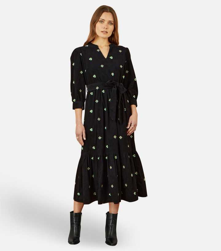 green emerald velvet dress Pink Flower Embroidered Puff Sleeve Tiered Maxi Dress main image 0