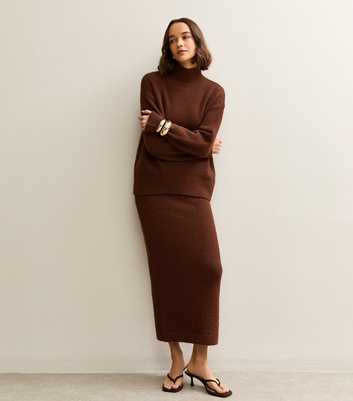 Dark Brown Brushed Knit Midi Skirt