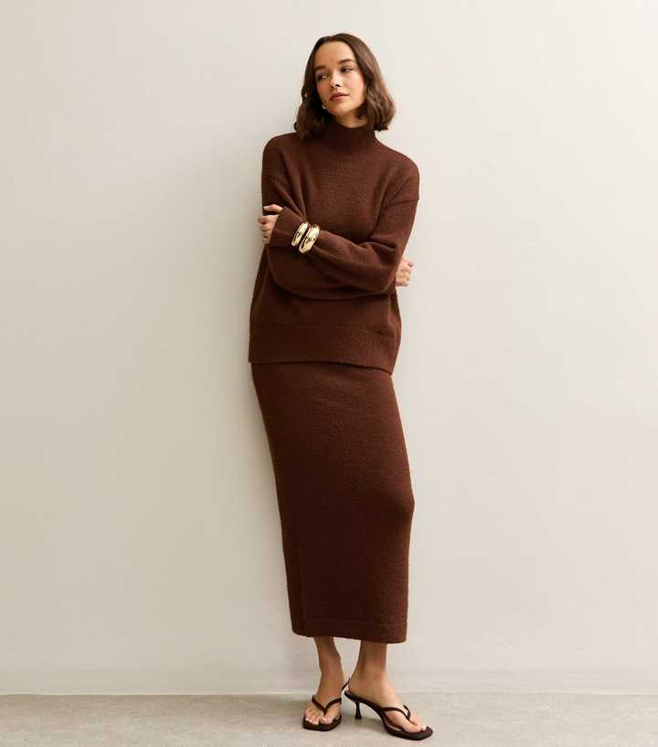 Dark Brown Brushed Knit Midi Skirt