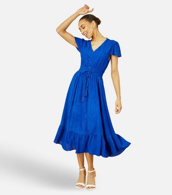 Yumi Blue Textured Metallic Stripe Midi Dress New Look