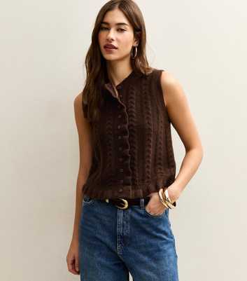 Dark Brown Cable Knit Frill Trimmed Waistcoat