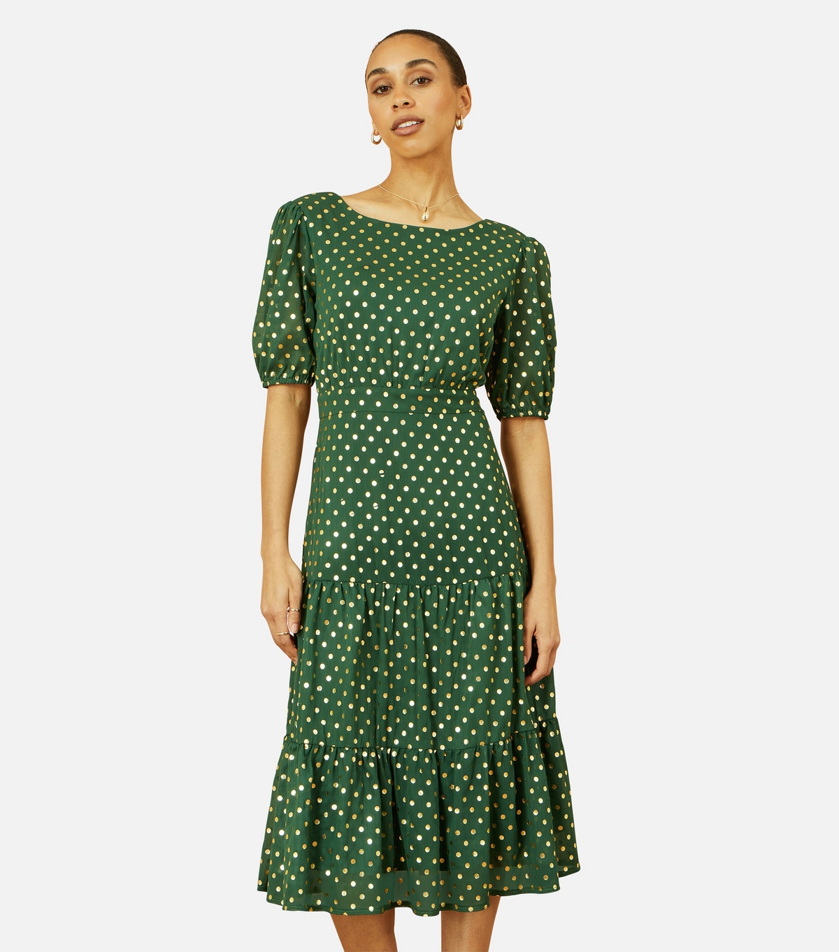 Yumi Women's Green Pattern Dark Green Polka Dot Tiered Hem Midi Dress New Look Uk Size 8