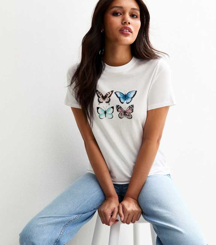 White Butterfly Print T-Shirt 