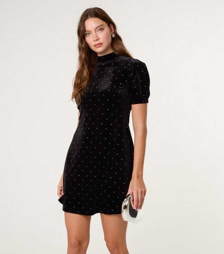 Blue Vanilla Black Diamanté Embellished Puff Sleeve Mini Dress