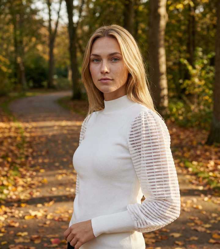 Blue Vanilla Off White Mesh Sleeve Jumper