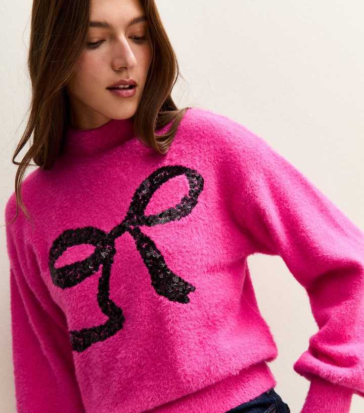 Sunshine Soul Mid Pink Sequin Bow High Neck Jumper