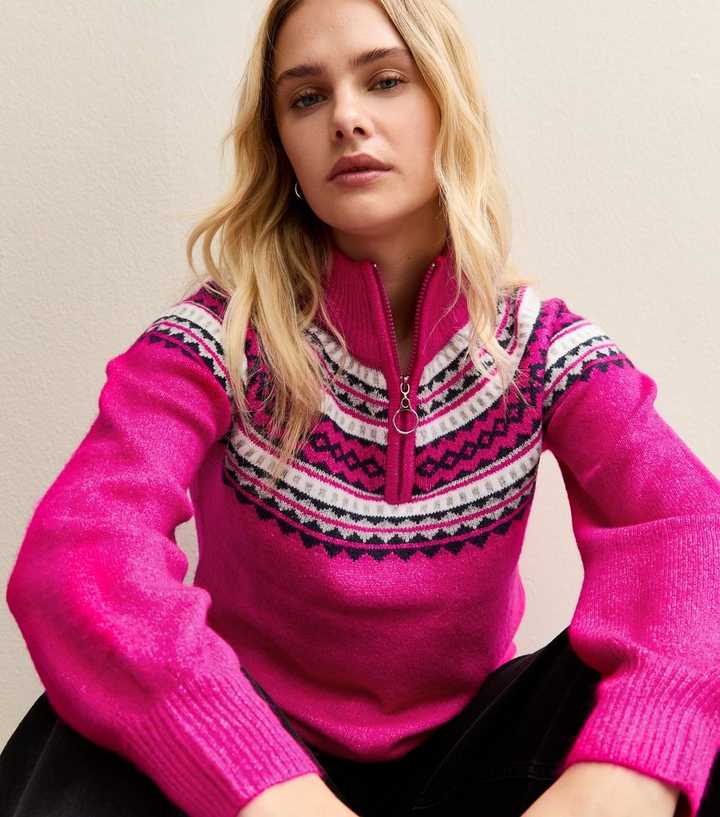 Sunshine Soul Bright Pink Fair Isle Quarter Zip Jumper