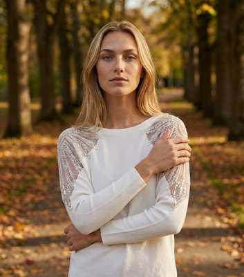 Blue Vanilla White Embellished Shoulder Jumper