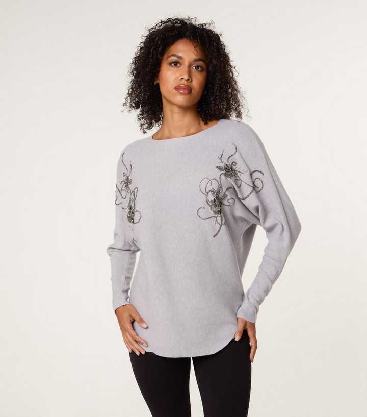 Blue Vanilla Mid Grey Beaded Embroidery Rib Jumper