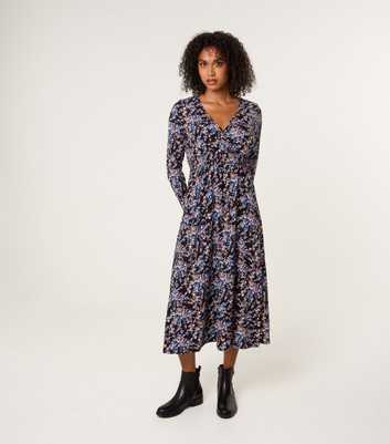 Blue Vanilla Black Floral Print V-Neck Midi Dress