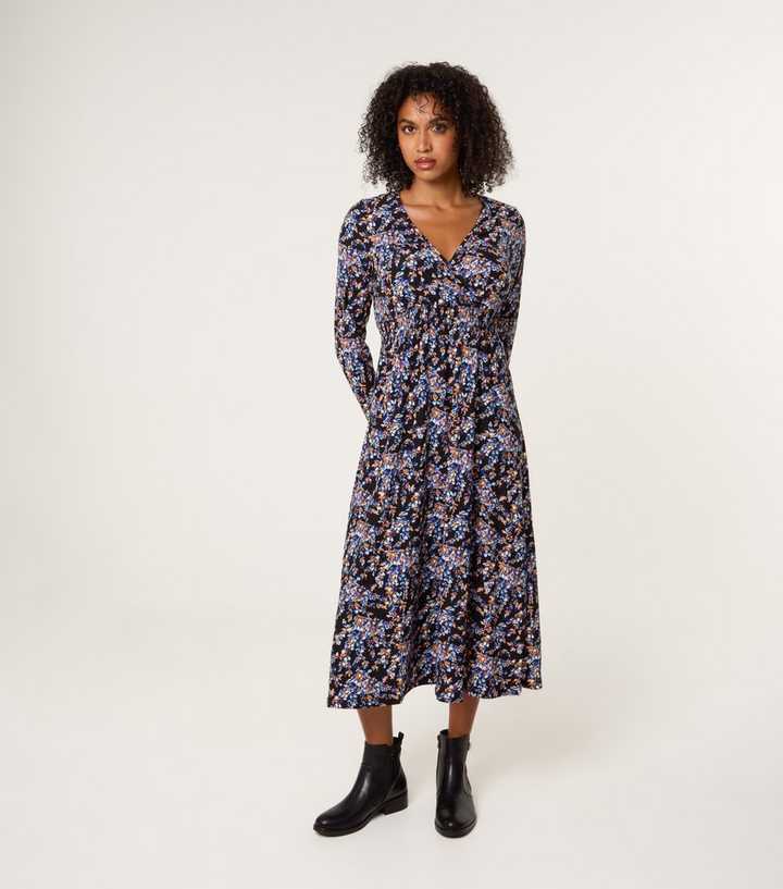 Blue Vanilla Black Floral Print V-Neck Midi Dress