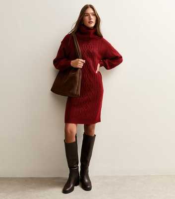 Sunshine Soul Dark Red Cable Knit Roll Neck Mini Dress