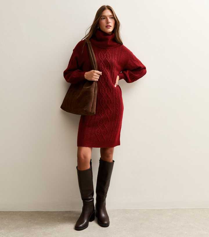 Sunshine Soul Dark Red Cable Knit Roll Neck Mini Dress