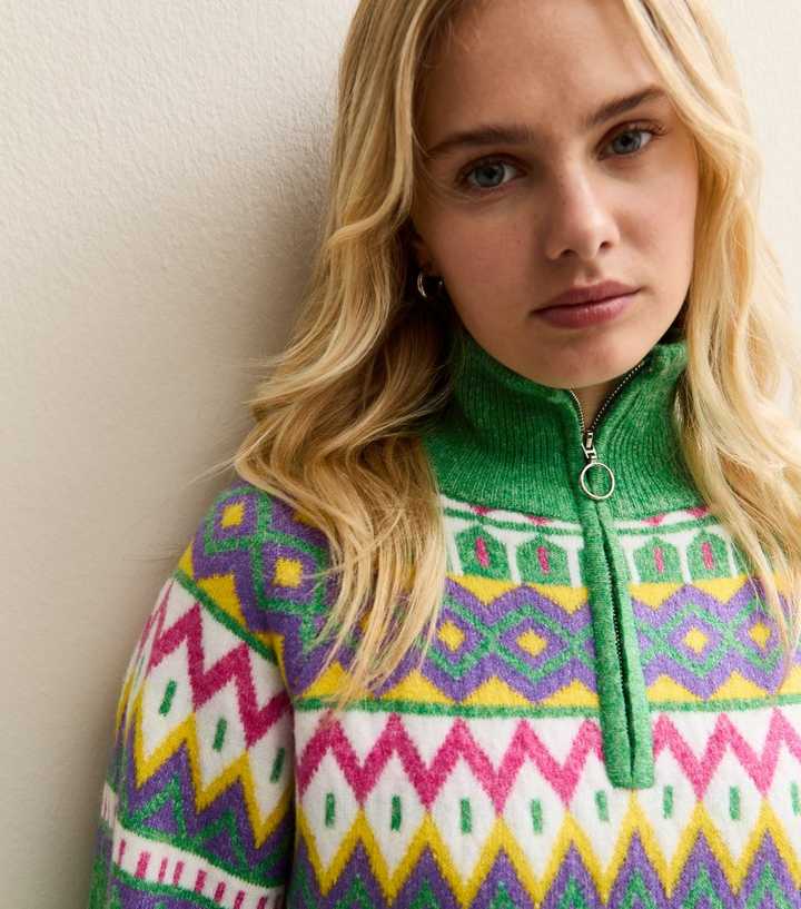 Sunshine Soul Green Fair Isle Quarter Zip Jumper
