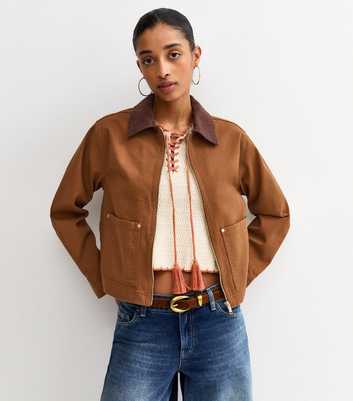 Dark Brown Contrast Collar Barn Jacket