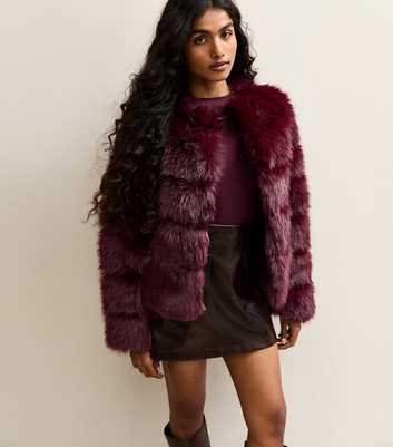 Petite Burgundy Pelted Faux Fur Jacket