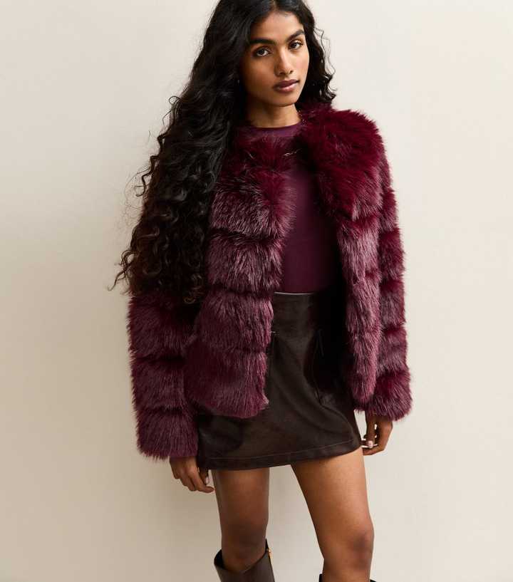Petite Burgundy Pelted Faux Fur Jacket
