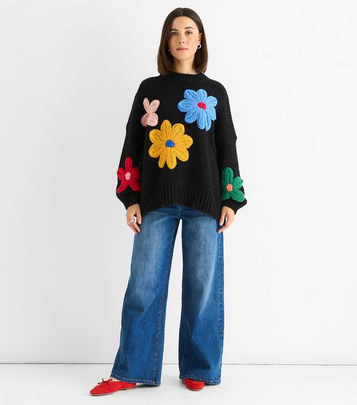 Gini London Black Floral Crochet Chunky Knit Jumper New Look