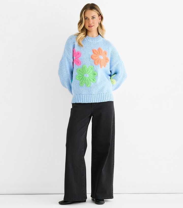 Gini London Blue Contrast Floral Applique Jumper