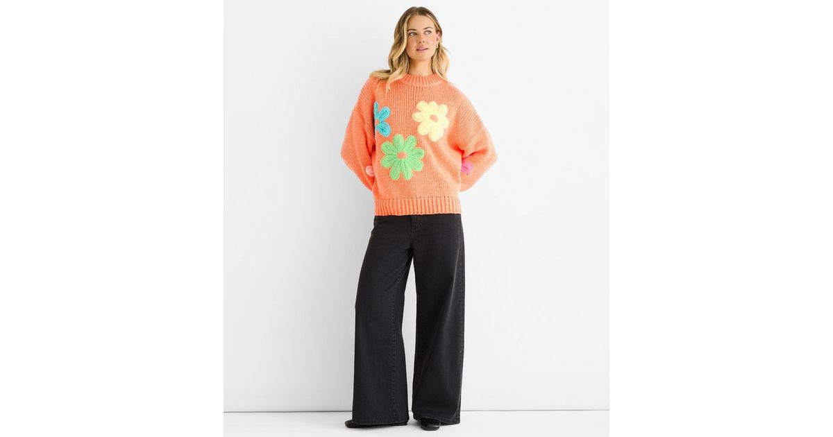 Gini London Petite Orange Contrast Floral Applique Jumper | New Look
