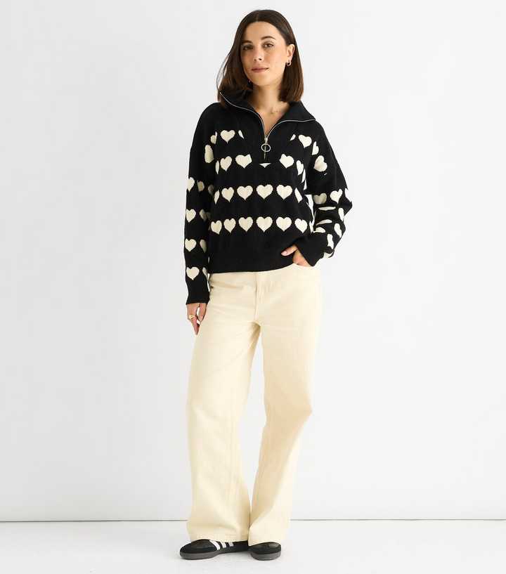 Gini London Black Heart Pattern Zip Up Loose Fit Knitted Jumper