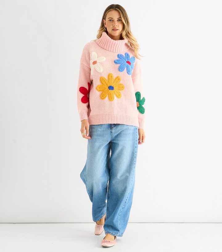 Gini London Petite Pink Floral Applique Oversize Jumper