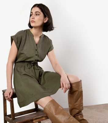 Apricot Khaki Drawstring Waist Mini Dress