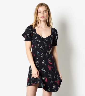 Apricot Black Floral Print Mini Tea Dress