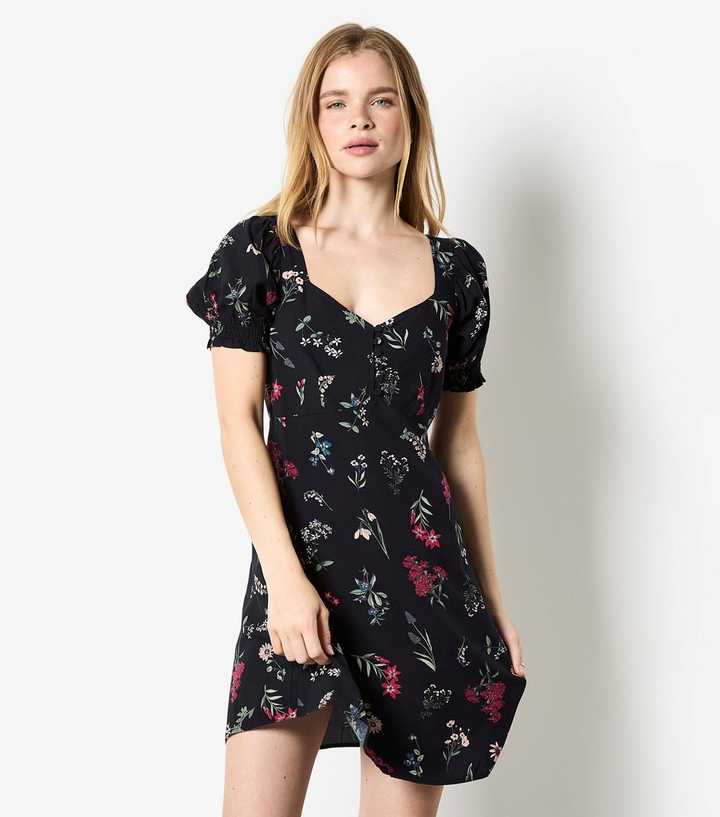 Apricot Black Floral Print Mini Tea Dress