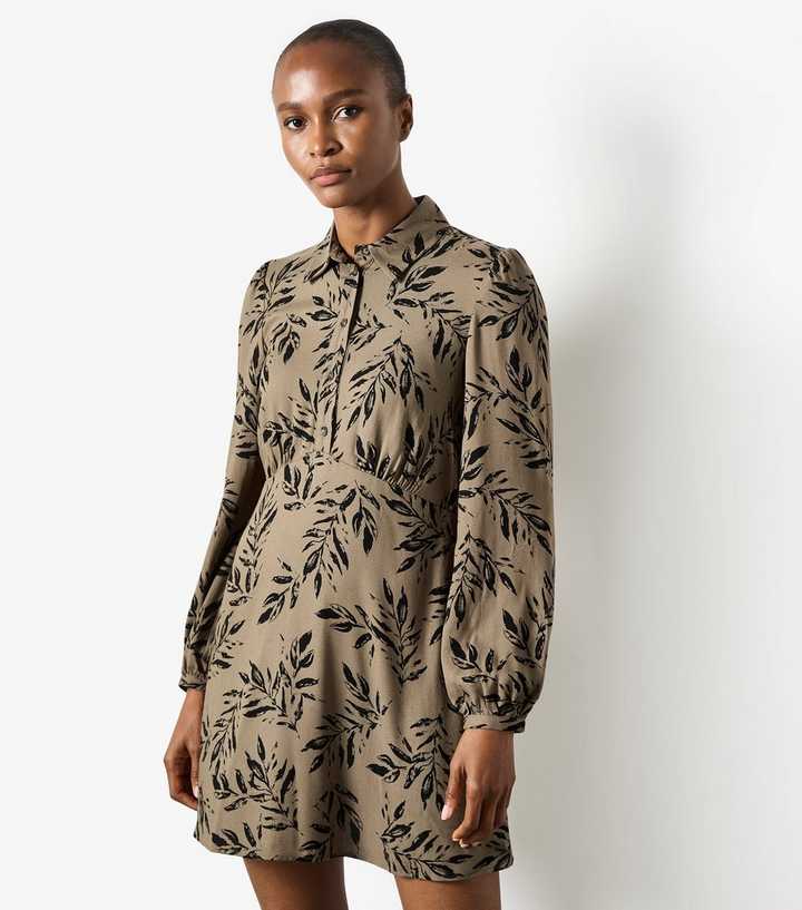 Apricot Khaki Leaf Print Buttoned Mini Dress