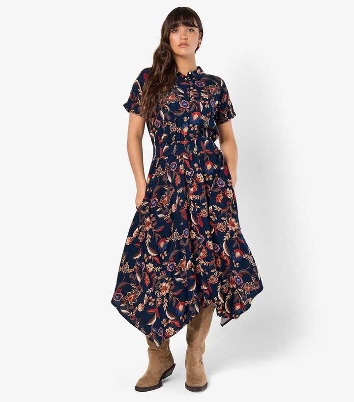 Apricot Navy Floral Print Midi Shirt Dress