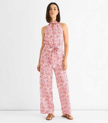 Gini London Pink Halter Neck Keyhole Wide Leg Jumpsuit