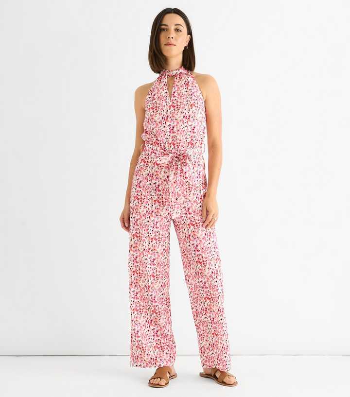 Gini London Pink Halter Neck Keyhole Wide Leg Jumpsuit