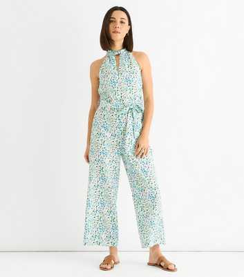 Gini London Petite Blue Halter Neck Printed Jumpsuit